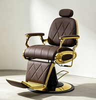 Fauteuil de barbier vintage de luxe avec cadre doré, robuste, hydraulique et inclinable, couleur marron, pour salon de coiffure