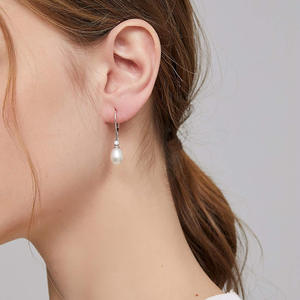 Orecchini pendenti classici in argento 925 placcato oro bianco con perle Akoya, perle coltivate ovali, gioielli da sposa per donna - Product Image 6