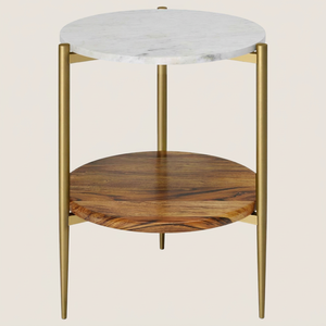 Modern Gold-Plated Polished Metal Legs White Top Marble & Wood Round Coffee <b>Table</b> for Home Office Living Room - Product Image 1