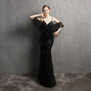 فستان سهرة طويل مثير للنساء بأكمام تول مكشوفة الكتفين مع ترتر وحمالات، فستان حفلات وسهرات باللون الوردي - Product Image 5