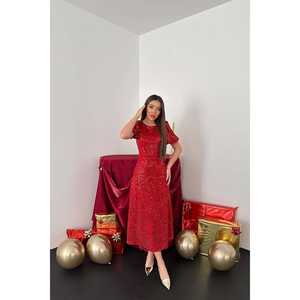 Robe de soirée longue rouge à sequins, du XS au XL, avec décorations en strass et perles drapées à plusieurs niveaux, idéale pour les soirées et les bals de promo. - Product Image 4