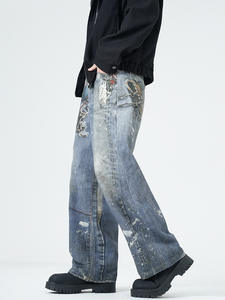 <span class=keywords><strong>Jeans</strong></span> rectos sueltos distintivos de High Street para hombres Vintage Real Shot Cutting Impresión digital Dark Denim Spring Popular - Product Image 5