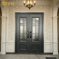 Porte d'entrée extérieure moderne en aluminium noir de luxe, double porte française à arche avec grille et verre, sécurité renforcée, pour villa, avec serrure intelligente