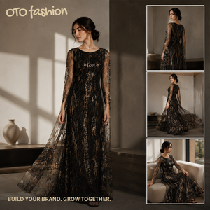 Abito Lungo da Sera <span class=keywords><strong>Nero</strong></span> e Oro con <span class=keywords><strong>Paillettes</strong></span>, <span class=keywords><strong>Maniche</strong></span> <span class=keywords><strong>Lunghe</strong></span> Trasparenti Ricamate Floreali e Pannelli Sovrapposti Fluido - Product Image 2