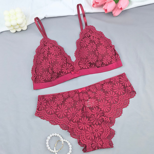 Ensemble de soutien-gorge en dentelle florale multicolore en gros, sans armatures, bonnet triangle, lingerie pour femmes, motif marguerite, sous-vêtements et culottes - Product Image 5