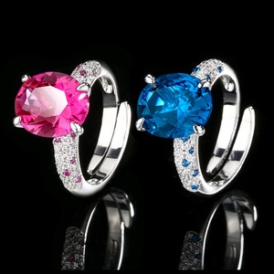 Bijoux de mode écologiques en cuivre, anneaux de doigt avec grosse pierre en zircon rouge et bleu de 10*12 mm pour femmes, look audacieux - Product Image 3