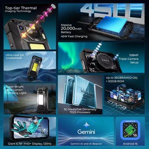 OUKITEL WP61 Ultra โทรศัพท์มือถือทนทานพร้อมกล้องถ่ายภาพความร้อน แบตเตอรี่ 20000mAh หน้าจอ 6.8 นิ้ว HD+ หน่วยความจำ 36GB(12+24)+512GB ROM กล้อง 108MP ระบบปฏิบัติการ Android 16 รองรับ NFC 5G - Product Image 2