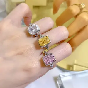 Iced Out Ring Jewelry Women Square 8*11mm Fancy Colored Yellow Pink CZ 925 Rhodium Wedding Rings