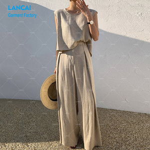 Lancai Ensemble d'été en <span class=keywords><strong>lin</strong></span> deux pièces personnalisé pour femmes avec haut sans manches et pantalon décontracté taille haute Costume élégant - Product Image 2