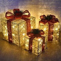 Coffrets cadeaux de Noël lumineux à LED HD-880 à piles, lot de 3 boîtes à cadeaux scintillantes or, argent, blanc, blanc chaud