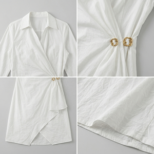 Vestido Camisero Blanco <span class=keywords><strong>para</strong></span> <span class=keywords><strong>Mujer</strong></span>, Diseño Original SHENGFU, Elegante Vestido Mini Cruzado de Manga Larga, Vestido Sexy con Cuello en V <span class=keywords><strong>para</strong></span> Oficina, OEM - Product Image 3