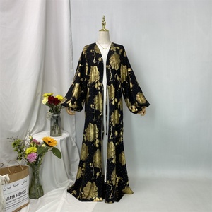 Abaya noire de luxe avec imprimé doré et strass, vêtements musulmans islamiques pour femmes, robe kaftan Dubaï, 1444+1442 # - Product Image 3
