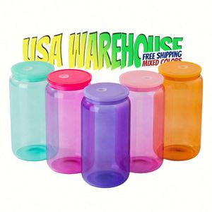 Mug transparent pour sublimation 16 oz, canette de bière en verre colorée 16 oz avec couvercle en bambou et pailles - Product Image 1