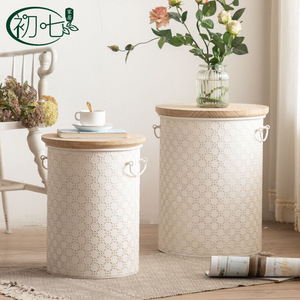 Cream Colored Vintage Storage <b>Bin</b> With Wooden Top H2351 Nightstand For Bedroom Living Room - Product Image 2