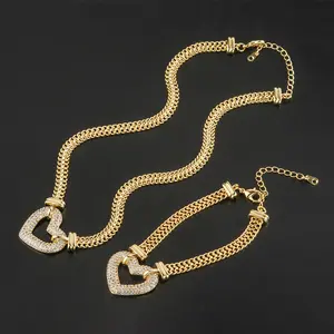 Set di braccialetti con cuore di diamanti pieni di moda personalizzata all'ingrosso Set di gioielli con catena cubana placcatura in oro da donna