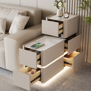 Mueble Auxiliar Inteligente de Cuero con Carga Inalámbrica, Tapa de Vidrio Templado, 5 Cajones, Mueble Moderno y Sencillo para el Hogar A41 (Negro) - Product Image 1