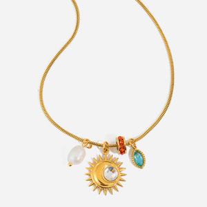 Collar con Colgante de Sol y Luna Chapado en Oro Estilo Europeo Americano con Perlas y Circonitas para Uso Diario y Ocasiones Festivas - Product Image 1
