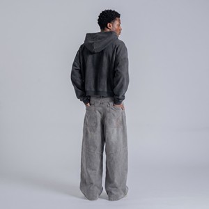 <span class=keywords><strong>Felpa</strong></span> con Cappuccio Vintage in Cotone Pesante 450GSM di Alta Qualità, Streetwear da <span class=keywords><strong>Uomo</strong></span>, Vestibilità Ampia, Doppia Zip, <span class=keywords><strong>Felpa</strong></span> Corta - Product Image 3