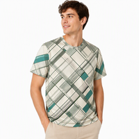T-shirt 3D AOP pour homme 100% polyester vert ivoire à grille fine croisée, séchage rapide, respirant, col rond, OEM ODM