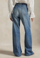 Kadın Modası Kot Pantolon Yüksek Bel Geniş Paça Önü Cepli Retro Vintage Yıkama Denizci Stili Palazzo Bol Denim Toptan