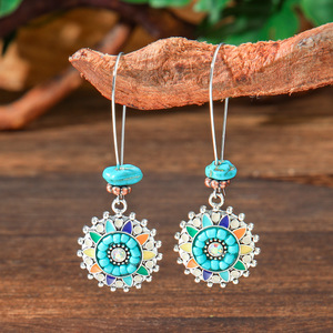 Boucles d'oreilles pendantes bohèmes en alliage plaqué argent antique pour femme, avec perles turquoise et plumes - Product Image 4