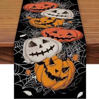 Chemin de table en lin noir à motif toile d'araignée et citrouille d'Halloween pour fêtes, décoration de table et salle à manger