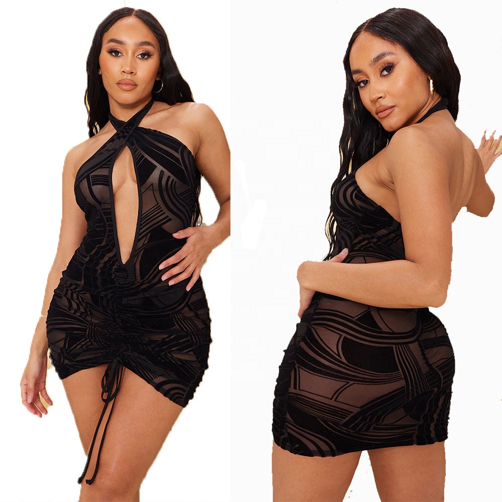 Соблазнительное облегающее Сетчатое платье-карандаш KY в форме ночного клуба с глубоким вырезом и рюшами