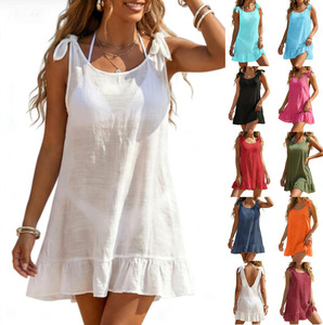 Vestido de <span class=keywords><strong>playa</strong></span> de color liso al por mayor para mujer, blusa con volantes y lazo, cubre bikini - Product Image 1