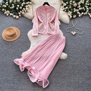 New Spring Long Sleeve V Neck Vintage Shirt Dress 2 Piece Set Modest Muslim Outfit - Product Image 2