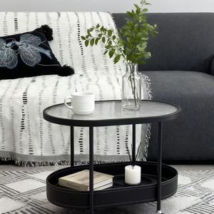 Mesa de Centro Ovalada con Cesta de Almacenamiento de Cuero, Mesa Auxiliar Móvil con Ruedas para Sala de Estar - Product Image 4
