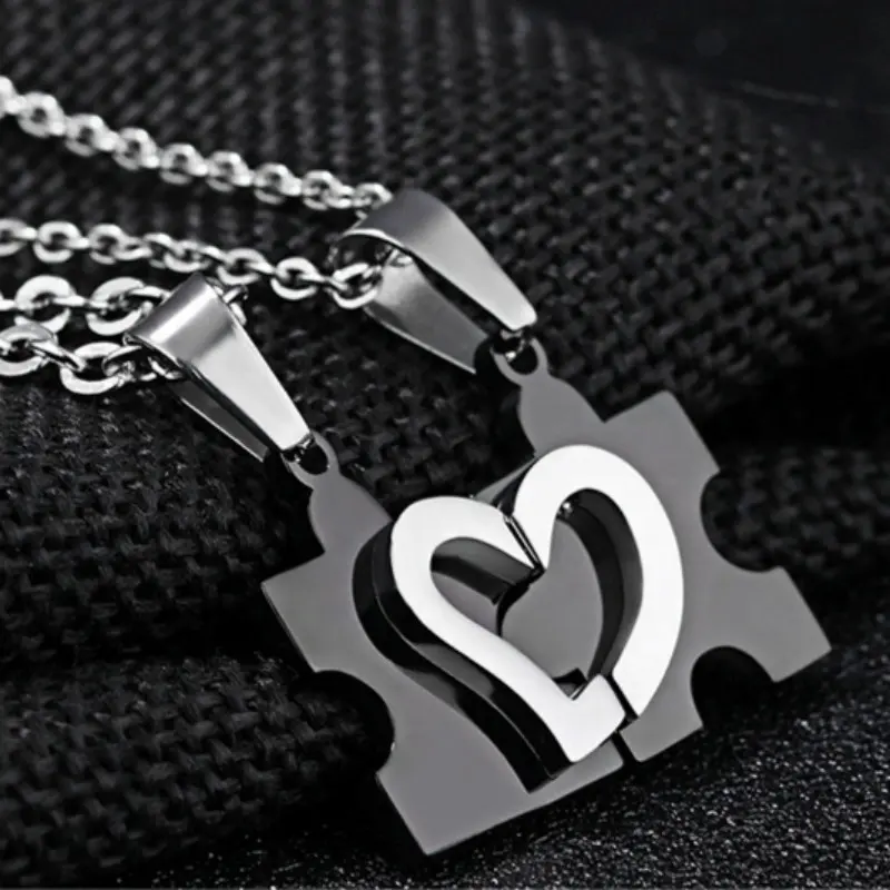 Stainless Steel LOVE Jewelry Puzzle Valentine's Gift Couple Necklace Jigsaw Pendant