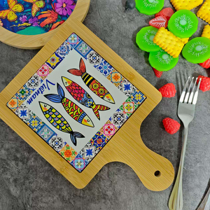 2025 Trending Heat Resistance Placemat Painting Patterns Ceramic Plates Serving Tray Bamboo Base Kitchenware Cheese Board