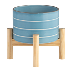 Vaso in ceramica a righe con supporto in legno, fioriera colorata per decorazioni domestiche, ingresso, patio, tavolo, giardino - Product Image 3
