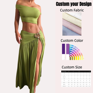 Elegante <span class=keywords><strong>conjunto</strong></span> de <span class=keywords><strong>dos</strong></span> <span class=keywords><strong>piezas</strong></span> de color verde oliva con broche floral desmontable y abertura hasta el muslo para traje de fiesta de invitados de boda - Product Image 1