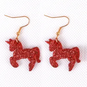 Wholesale Cartoon Animals Acrylic Cut Sequin Pendants Cute God Beast Pony Children's Acrylic Earrings Red Drop Earrings 1 Pair