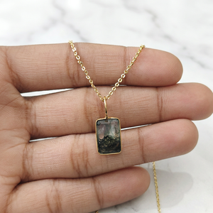 Geometric natural stone moss agate pendant necklace bezel set 18k gold plated minimalist charms jewelry brass chain necklace - Product Image 2