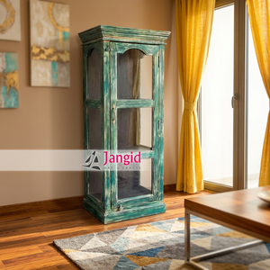 Étagère rustique en bois avec portes en verre, armoire de rangement à 3 niveaux, finition vert antique, meubles de salon - Product Image 4