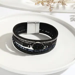 Sl23154 Groothandel Mode Nieuwe Populaire Lederen Armband Kleurrijke Zirkoon Strass Kralen Geweven Verstelbare Armband Voor Vrouwen
