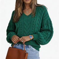 Pull en maille torsadée col en V pour femme, vert forêt, manches longues bouffantes, épaules tombantes, revers côtelés, pull décontracté