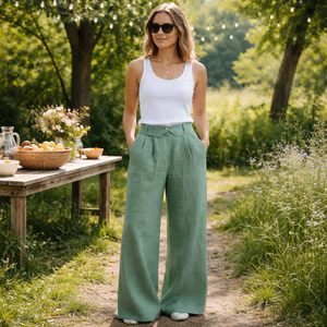 <span class=keywords><strong>Pantaloni</strong></span> Larghi Verdi in <span class=keywords><strong>Lino</strong></span> Traspiranti ed Ecologici per Abbigliamento Femminile: Personalizzazione di Alta Qualità - Product Image 5