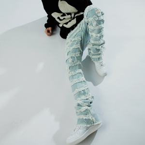 Jeans en denim déchiré superposé vintage Y2K bleu clair délavé avec ourlet effiloché Pantalon décontracté droit pour hommes - Product Image 5