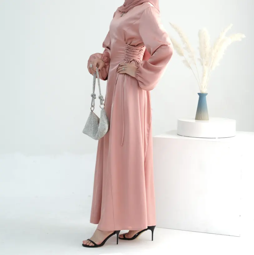 2024 khiêm tốn phụ nữ giản dị satin ăn mặc dài tay áo Trung Đông Arabic hồi giáo quần áo lụa abaya hồi giáo Ăn mặc