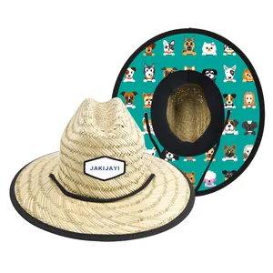 Summer Custom Logo Bottom Fabric Design Kids Baby Beach Straw Hat Natural Grass Toddler Infant Children Girl Lifeguard Straw Hat
