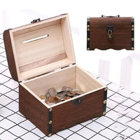 Coffre au trésor vintage en bois, verrouillable, pour rangement de pièces de monnaie, tirelire, coffre de rangement en bois pour cadeau et usage domestique