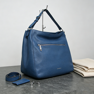 Bolso hobo de cuero genuino azul con textura granulada, con correa extraíble adicional, bolsillo frontal con cremallera, bolso de hombro para mujer - Product Image 5
