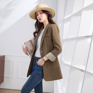 Women's Blazer Mid Length Slim Fit Solid Color Woven Fabric Dark Brown Suit Patchwork Cuffs Magazine Style - Product Image 1