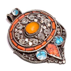 Colgante de piedras preciosas de Coral, turquesa Natural, joyería de plata tibetana, joyería Nepali, TP23 - Product Image 4