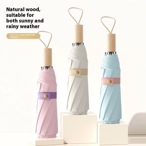 Paraguas Plegable de Tres Pliegues con Mango de Madera Sólida y Protección Solar, Resistente al Viento, para Hombre y Mujer, Color Glue 8-Bone - Product Image 1