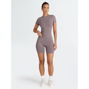 FOXA 2 Piece Yoga Set <b>Crop</b> <b>Top</b> Shorts Spandex Polyester Breathable Crew Neck Summer Workout Gym Pilates Active Wear - Product Image 4