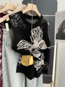Chaleco de punto jacquard con estampado animal y cuello redondo para mujer, negro, sin mangas, transpirable, holgado, informal, para otoño, top sin mangas para combinar en capas - Product Image 3
